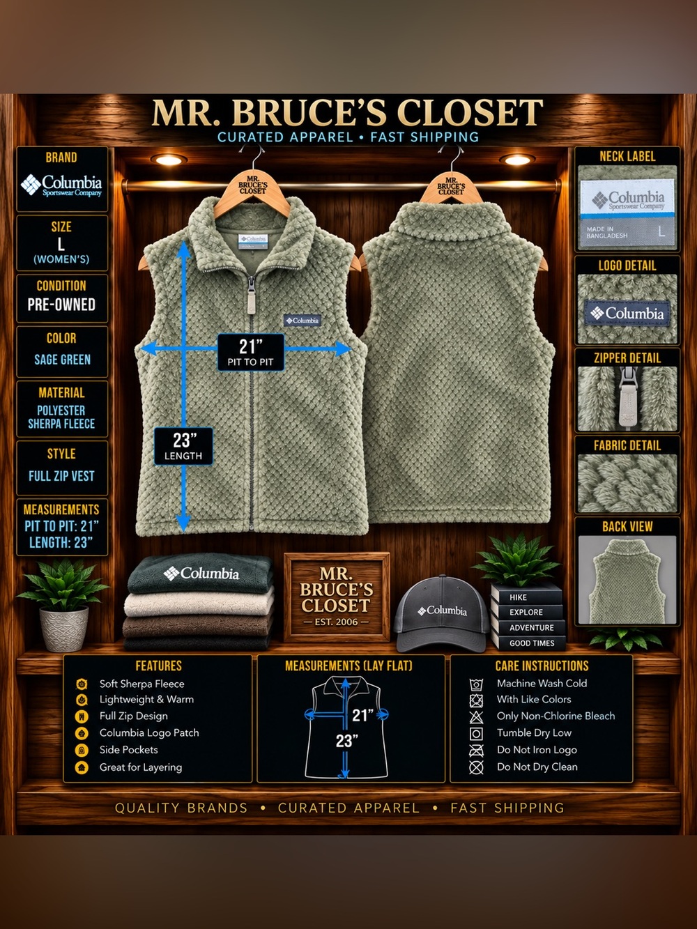 Columbia Sage Green Sherpa Fleece Full-Zip Vest